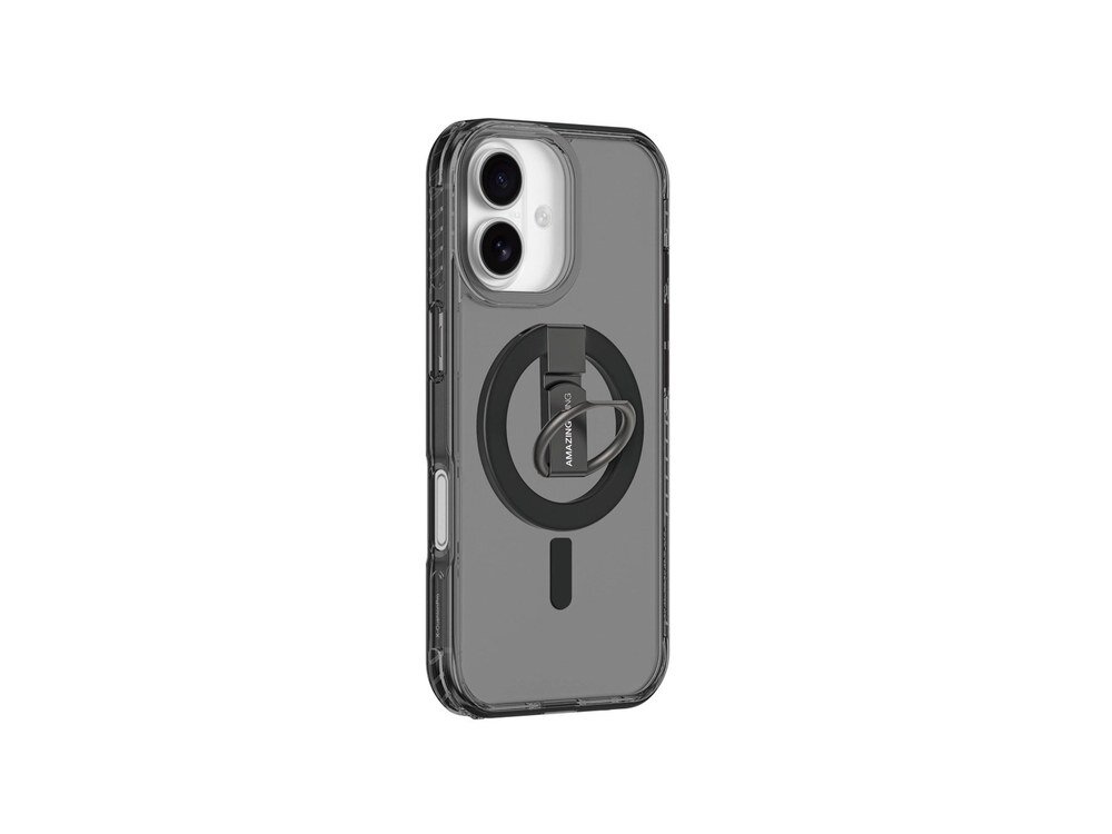 Etui AmazingThing Titan Pro na iPhone 17 w kolorze czarnym, widok z tyłu pod kątem z uniesionym metalowym ringiem na białym tle.