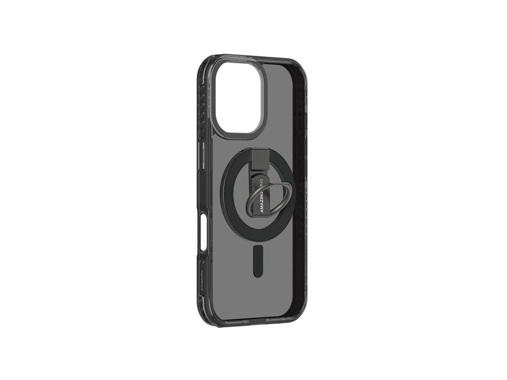 Czarne etui AmazingThing Titan Pro na iPhone 17 z ringiem w pozycji złożonej, ujęcie z tyłu pod kątem na białym tle.