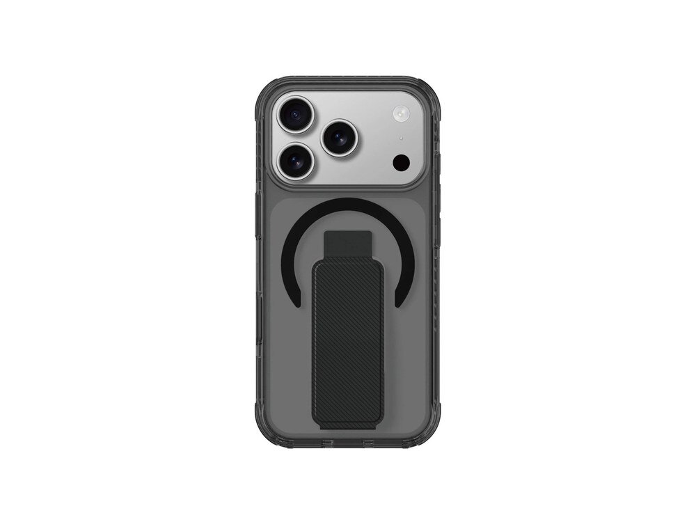 Etui AmazingThing Titan Pro Holder na iPhone 17 Pro Max w kolorze czarnym, widok od tyłu z wbudowaną podstawką i pierścieniem MagSafe na białym tle.
