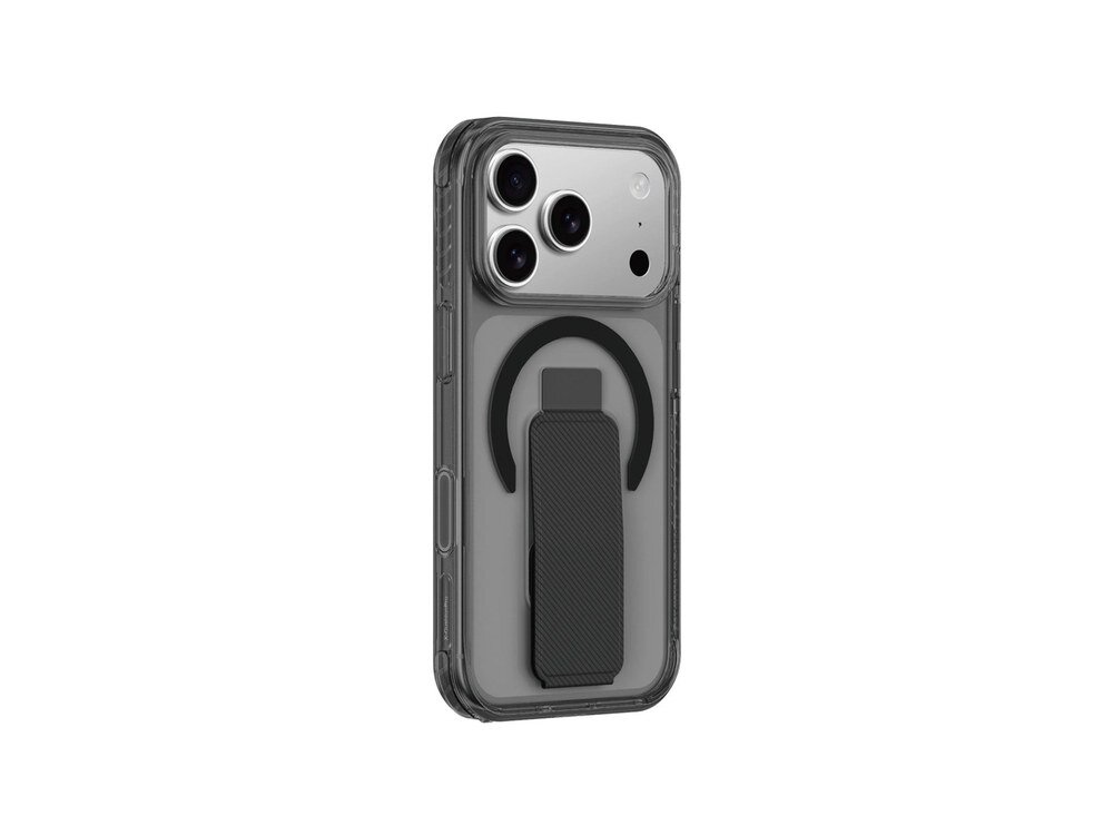 Etui AmazingThing Titan Pro Holder w kolorze czarnym na iPhone 17 Pro Max, ujęcie pod kątem ukazujące wzmocnione narożniki i przezroczysty tył obudowy.