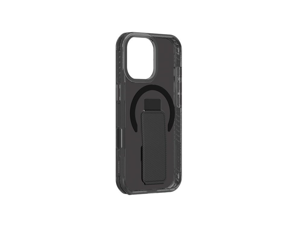 Etui AmazingThing Titan Pro Holder na iPhone 17, widok z tyłu pod kątem, prezentujący czarną podstawkę z teksturą carbon i półokrągły uchwyt magnetyczny.