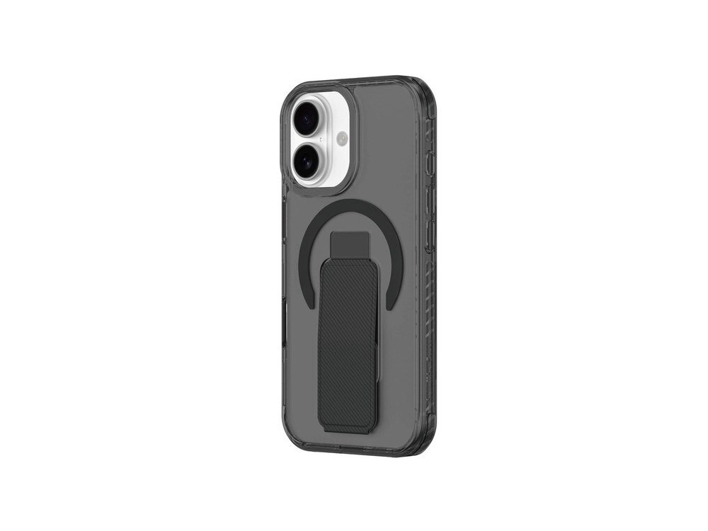 Etui AmazingThing Titan Pro Holder na iPhone 17, widok z prawej strony pod kątem, ukazujący przezroczysty tył i czarną podstawkę z uchwytem magnetycznym.