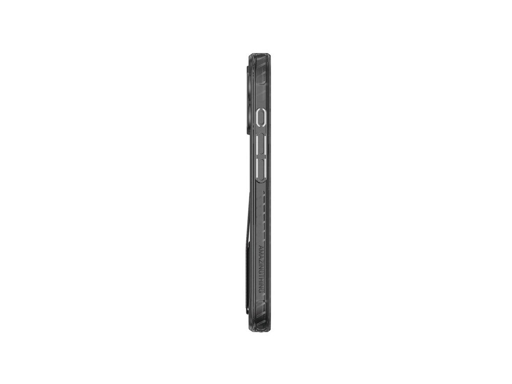 Etui AmazingThing Titan Pro Holder na iPhone 17, widok od boku z widocznym napisem AmazingThing, przyciskami głośności i przycisku bocznego na czarnej ramce.
