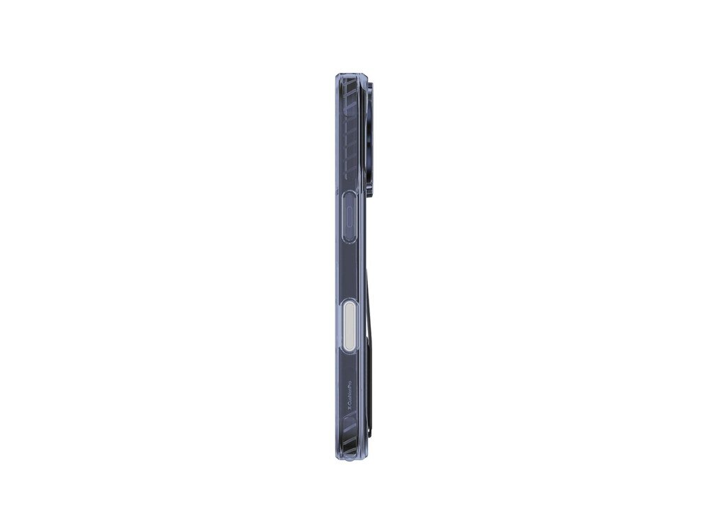Etui AmazingThing Titan Pro Holder na iPhone 17 Pro Max widziane z boku, widoczne przyciski głośności i gniazdo z przezroczystą ramką na białym tle.