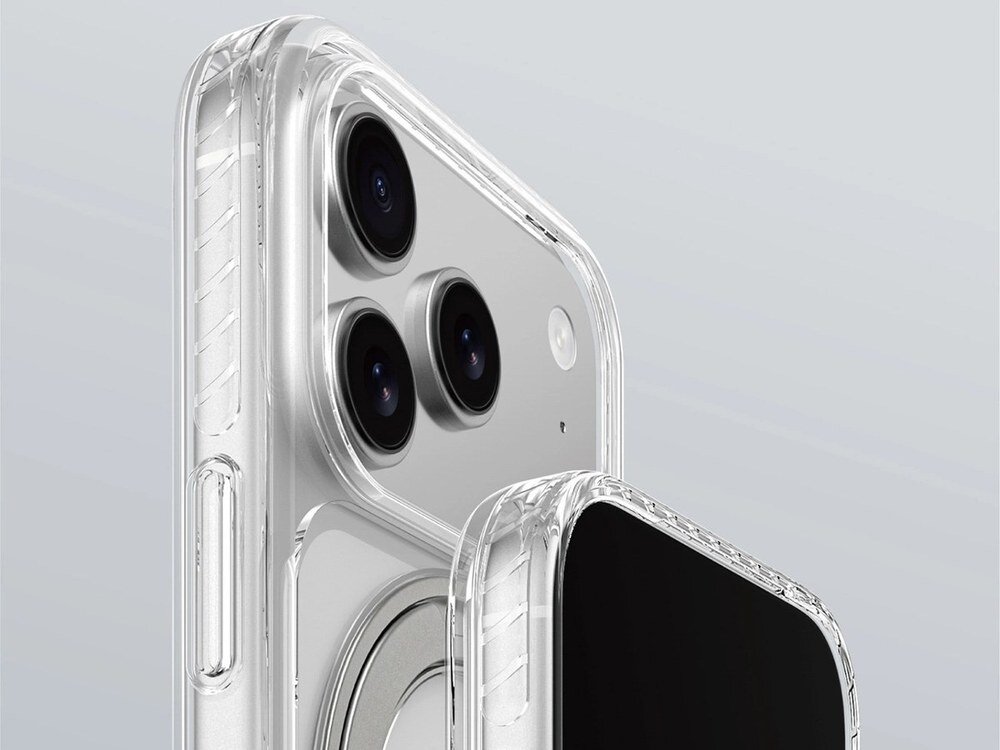 Przezroczyste etui AmazingThing Titan Pro MagSpin na iPhone 17 Pro, zbliżenie na moduł aparatu i metalowy pierścień, jasne tło.