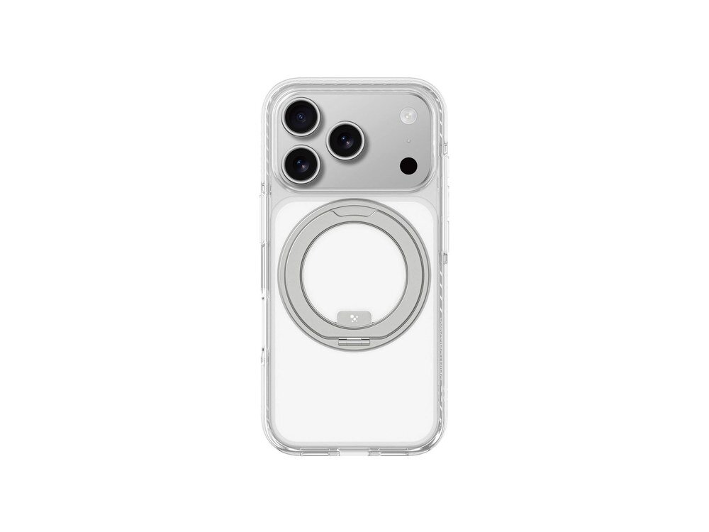 Przezroczyste etui AmazingThing Titan Pro MagSpin na iPhone 17 Pro, widok od tyłu z widocznym metalowym pierścieniem MagSpin, białe tło.