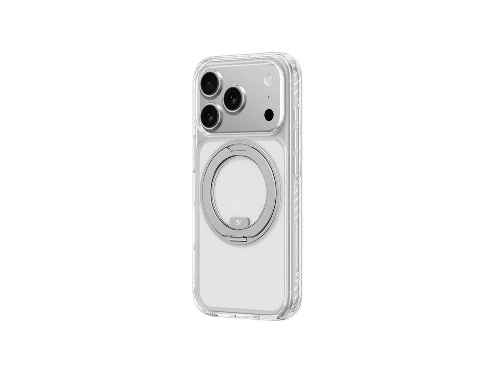 Przezroczyste etui AmazingThing Titan Pro MagSpin na iPhone 17 Pro, ujęcie trzy czwarte z boku z widocznym obrotowym metalowym pierścieniem i nóżką podstawki, białe tło.