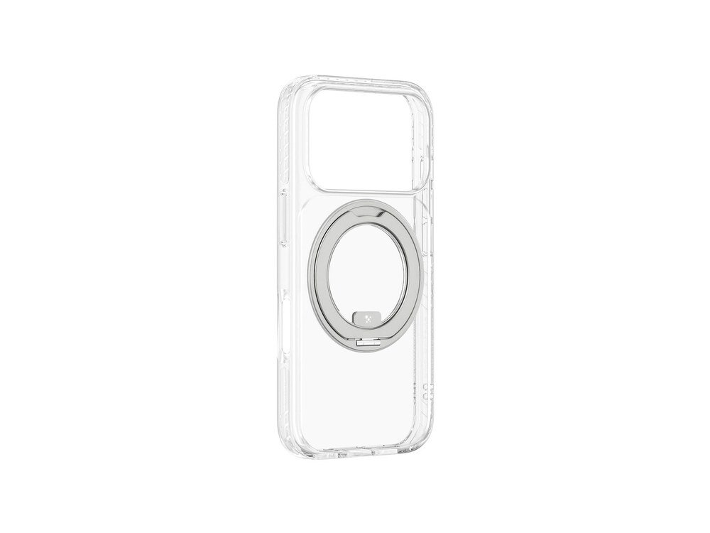 Przezroczyste etui AmazingThing Titan Pro MagSpin bez smartfona, widok trzy czwarte z boku z widocznym metalowym pierścieniem, białe tło.