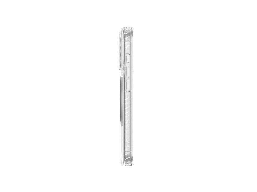 Przezroczyste etui AmazingThing Titan Pro MagSpin, widok z boku ukazujący smukły profil obudowy i przyciski boczne, białe tło.