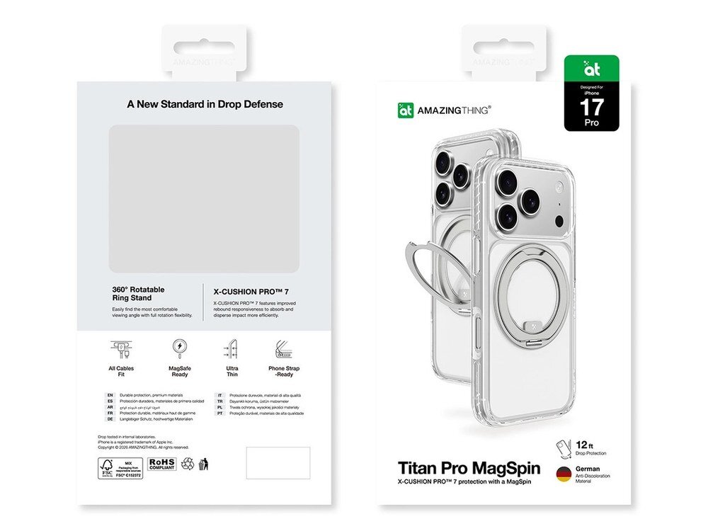 Opakowanie etui AmazingThing Titan Pro MagSpin na iPhone 17 Pro, przód i tył pudełka z opisem funkcji oraz zdjęciem produktu, białe tło.