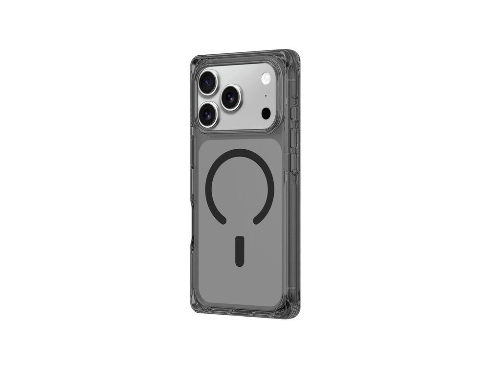 Półprzezroczyste czarne etui AmazingThing Omni na iPhone 17 Pro Max z widocznym pierścieniem MagSafe, ujęcie z ukosa na białym tle.