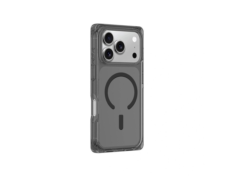 Czarne etui AmazingThing Omni na iPhone 17 Pro Max z boku, widoczna kwadratowa ramka i przycisk boczny na jasnoszarym tle.