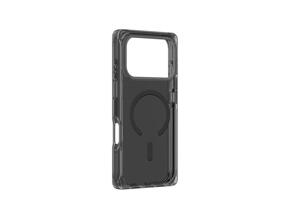 Etui AmazingThing Omni widziane od wewnątrz z ukosa, widoczne kwadratowe wycięcie na aparat i przezroczysta ramka na białym tle.