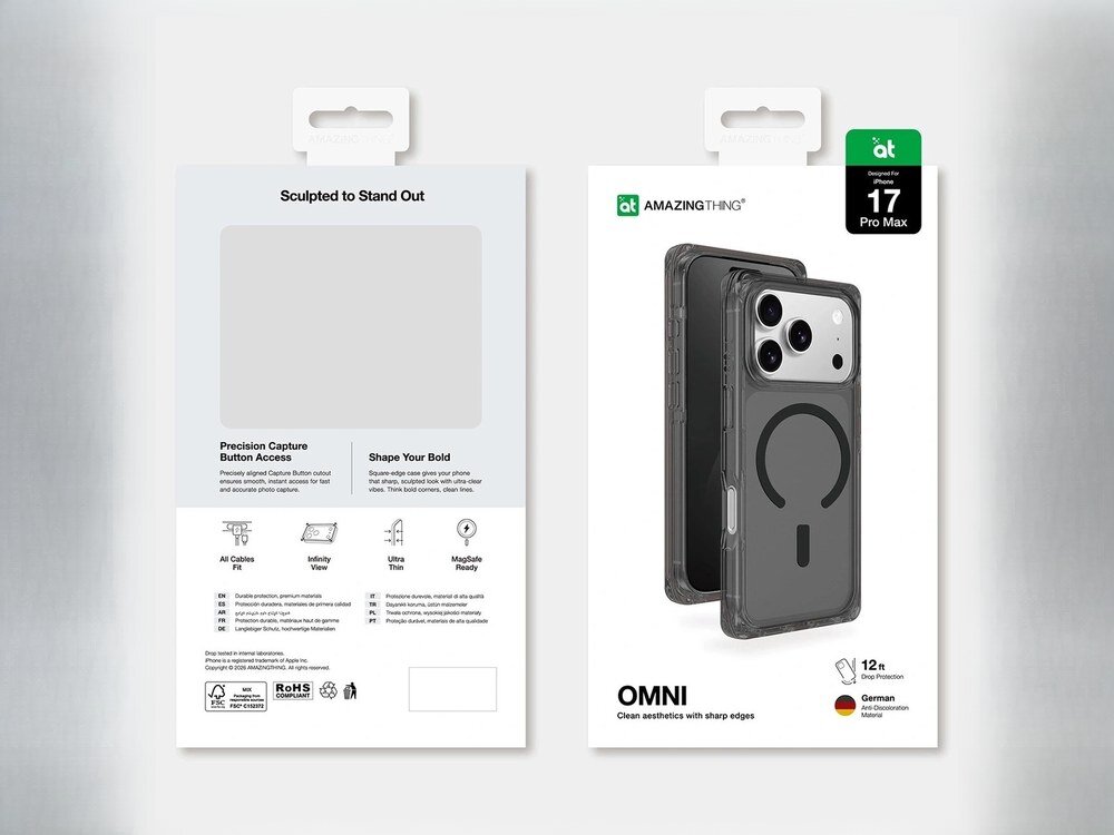 Opakowanie etui AmazingThing Omni na iPhone 17 Pro Max, przód i tył pudełka z opisem funkcji i zdjęciem produktu na srebrnym tle.