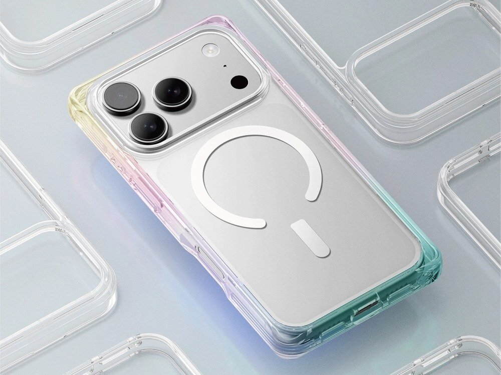 Etui AmazingThing Omni na iPhone 17 Pro Max z tęczowym gradientem i logo MagSafe, widok z ukosa na szarym tle wśród innych etui.