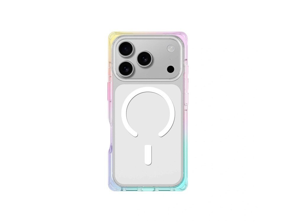 Etui AmazingThing Omni bez telefonu, widok z tyłu pod kątem, tęczowe krawędzie, białe tło.