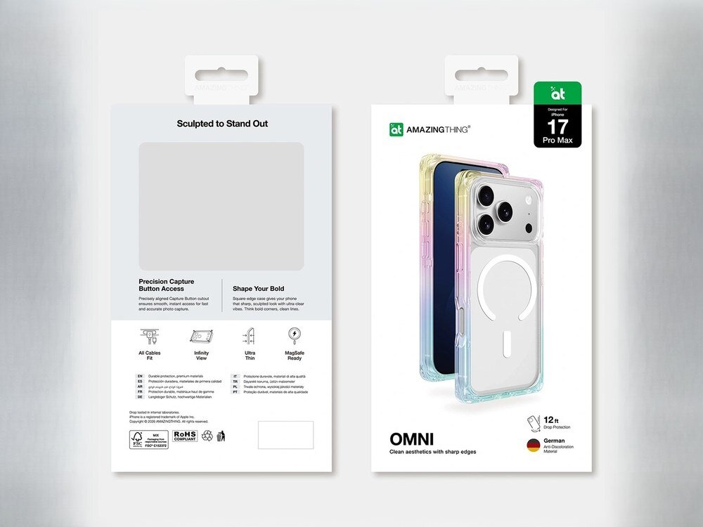 Etui AmazingThing Omni i jego opakowanie z przodu i tyłu na metalicznym tle, widoczne informacje o produkcie OMNI dla iPhone 17 Pro Max.
