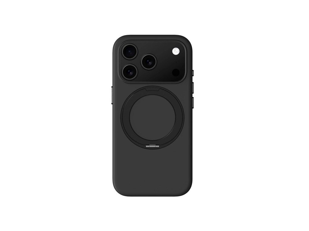 Czarne etui AmazingThing Cloudie na iPhone 17 Pro, widok z tyłu, wyraźny okrągły pierścień magnetyczny, białe tło.