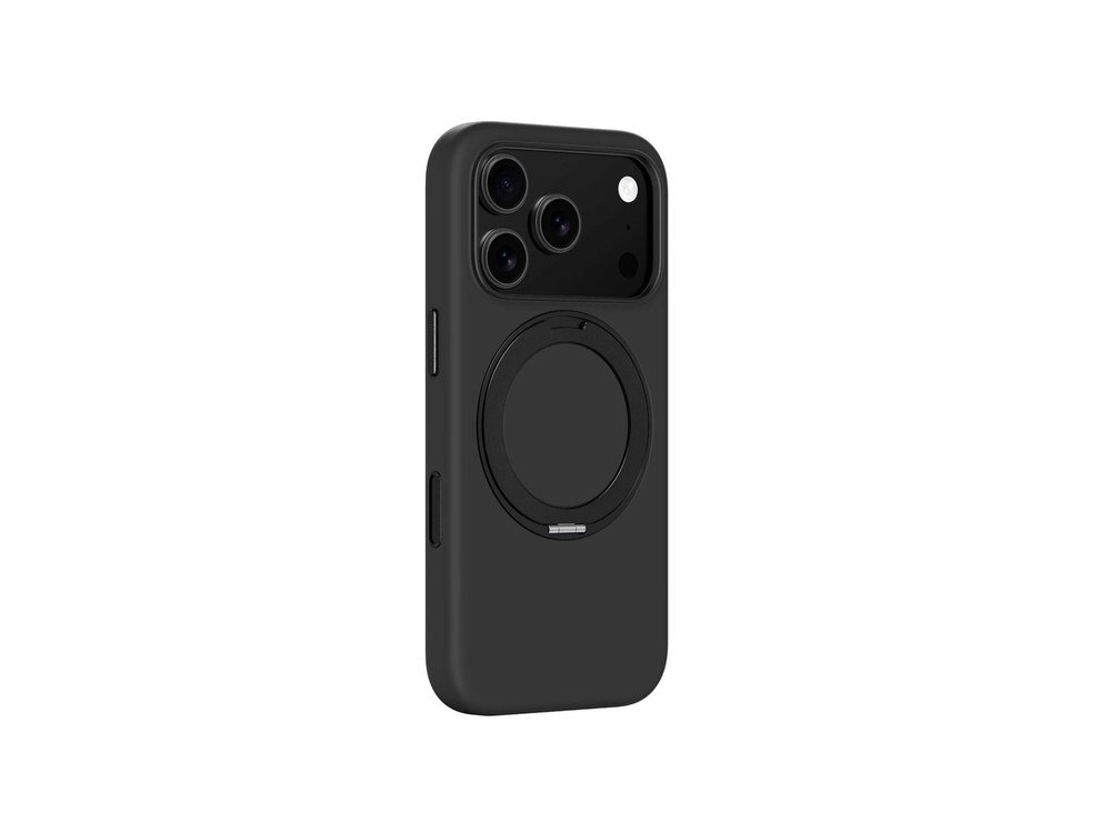 Czarne etui AmazingThing Cloudie na iPhone 17 Pro, ujęcie pod kątem z widocznym pierścieniem i modułem aparatu, białe tło.