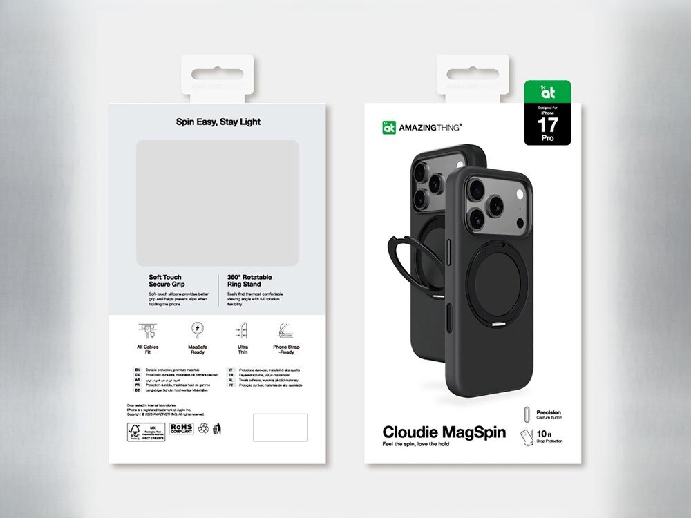Opakowanie etui AmazingThing Cloudie MagSpin dla iPhone 17 Pro, przód i tył pudełka z opisami funkcji, srebrne tło.