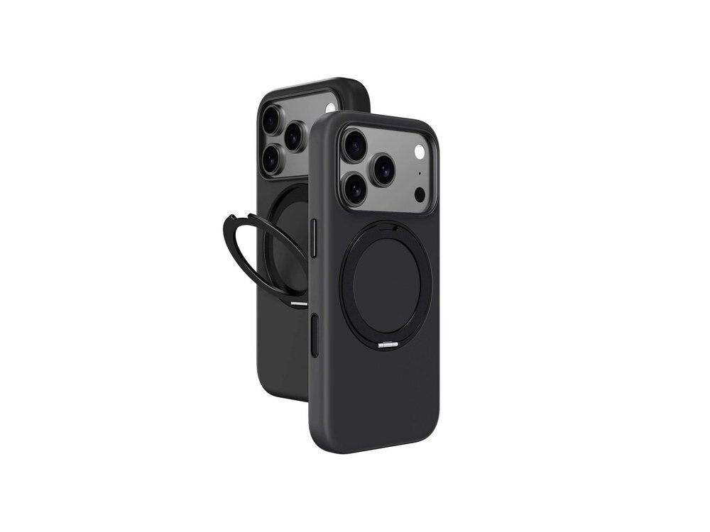 Czarne etui AmazingThing Cloudie na iPhone 17 Pro Max z obrotowym pierścieniem i pętelką, widok z przodu i tyłu na białym tle.