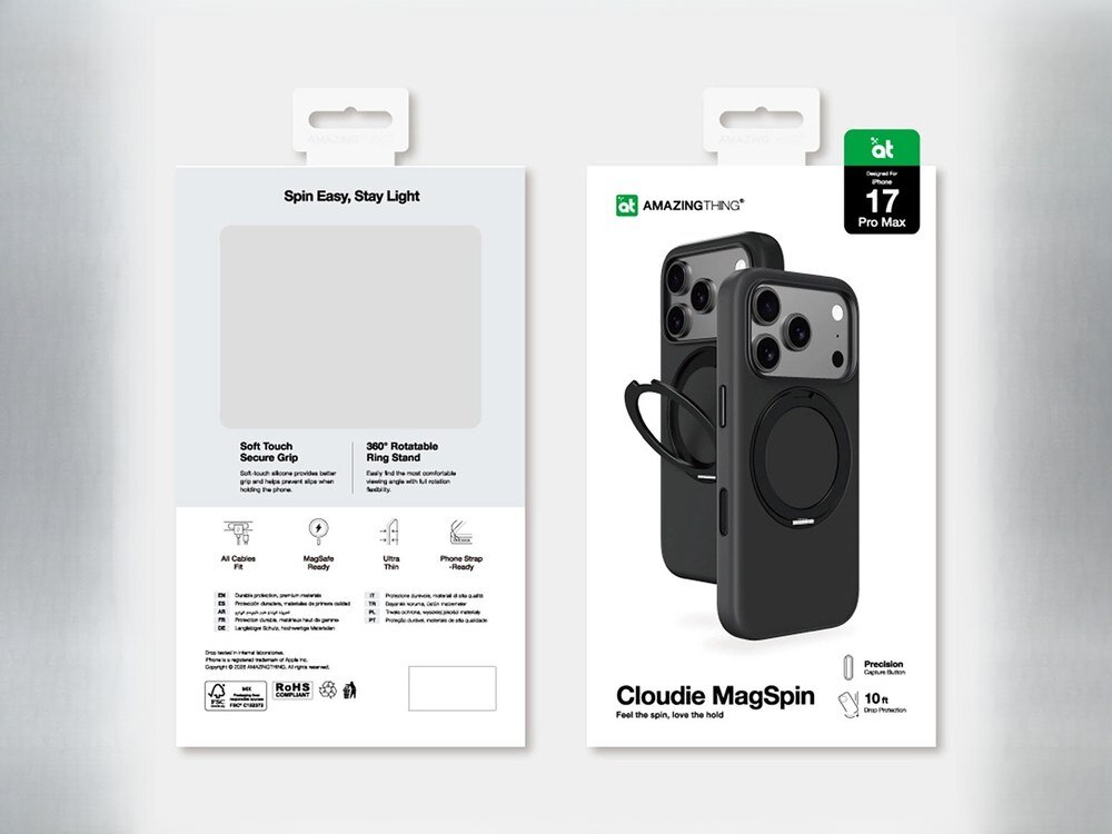 Opakowanie etui AmazingThing Cloudie MagSpin na iPhone 17 Pro Max, przód i tył pudełka z opisem cech produktu na srebrnym tle.