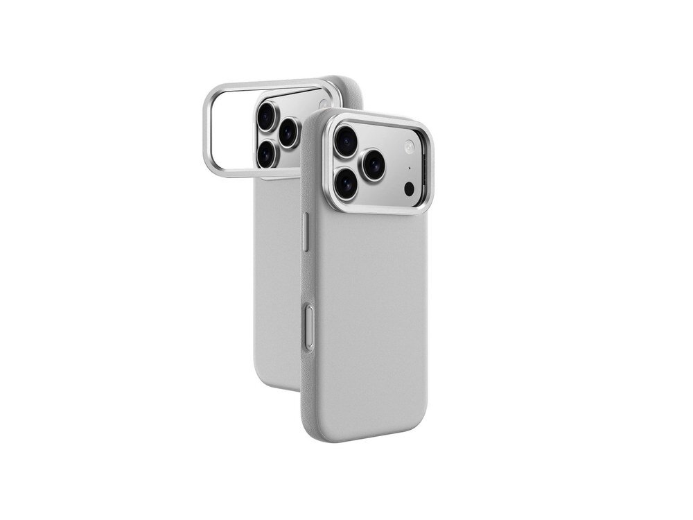Dwa szare etui AmazingThing Glamour na iPhone 17 Pro Max ustawione obok siebie, widoczne od tyłu z srebrną ramką modułu aparatu, białe tło.