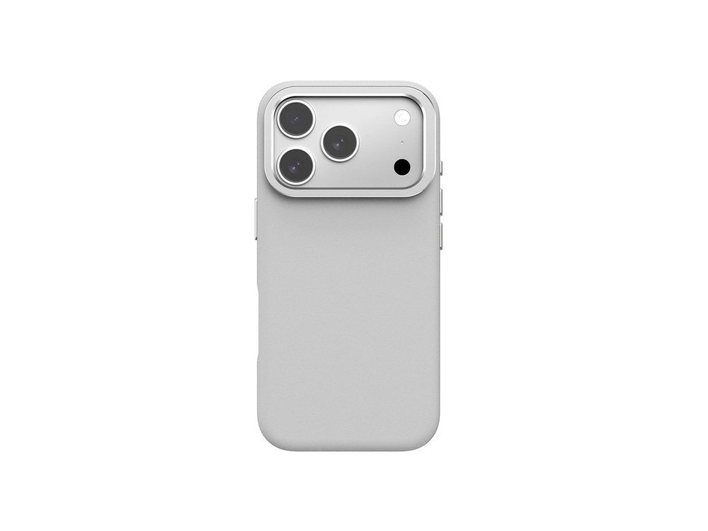 Szare etui AmazingThing Glamour widoczne od tyłu z bliska, wyraźna srebrna metaliczna ramka wokół trzech obiektywów aparatu, białe tło.