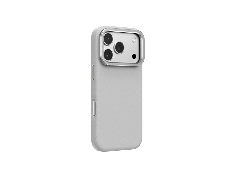 Szare etui AmazingThing Glamour na iPhone 17 Pro Max widziane z prawej strony pod skosem, widoczna tylna część z modułem aparatu i ramką, białe tło.