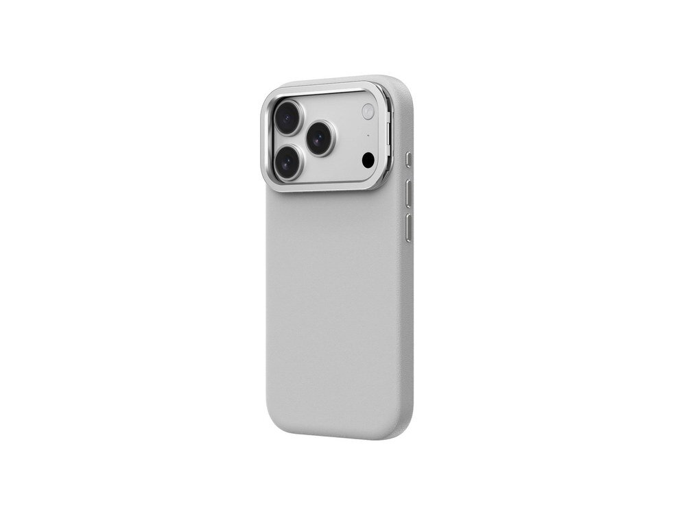 Szare etui AmazingThing Glamour na iPhone 17 Pro Max widziane pod skosem z tyłu, widoczne wyraźne otwory na przyciski boczne i moduł aparatu z ramką.