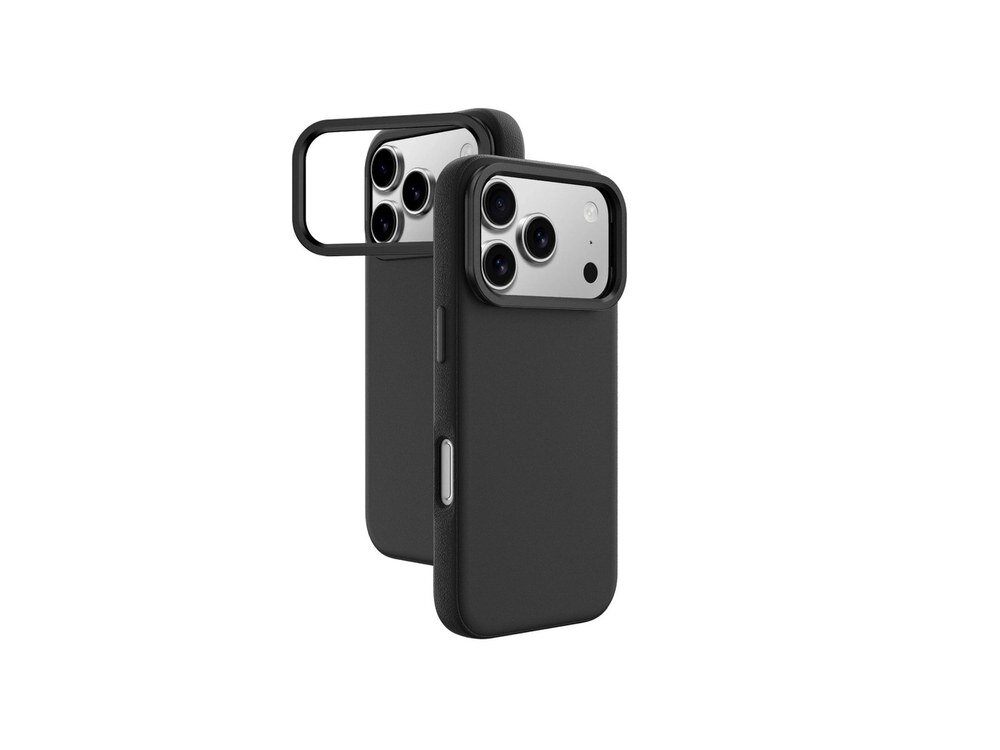 Dwa czarne etui AmazingThing Glamour na iPhone 17 Pro ustawione obok siebie — jedno z zamkniętą, drugie z otwartą osłoną aparatu, białe tło.