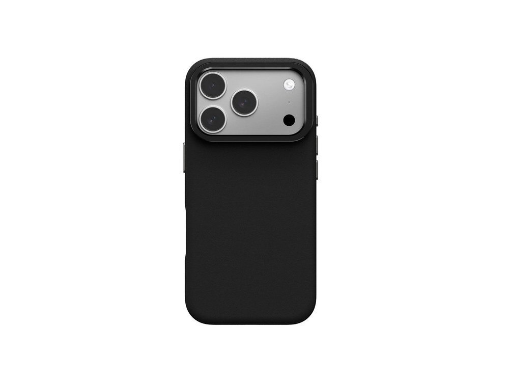 Czarne etui AmazingThing Glamour na iPhone 17 Pro, widok z tyłu na wprost z otwartą metalową ramką osłony aparatu, białe tło.