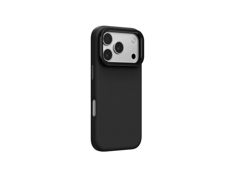 Czarne etui AmazingThing Glamour na iPhone 17 Pro widziane pod kątem z lewej strony tylnej obudowy, widoczna tekstura skóry PU, białe tło.