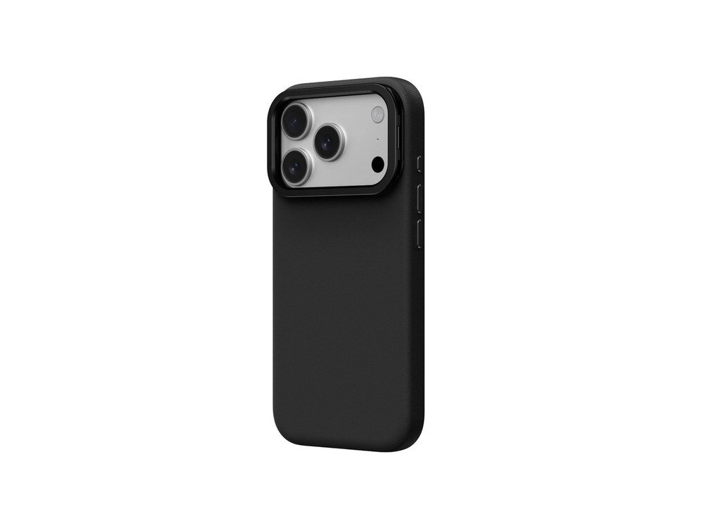 Czarne etui AmazingThing Glamour na iPhone 17 Pro, widok pod kątem z prawej strony, widoczne przyciski głośności i moduł aparatu, białe tło.