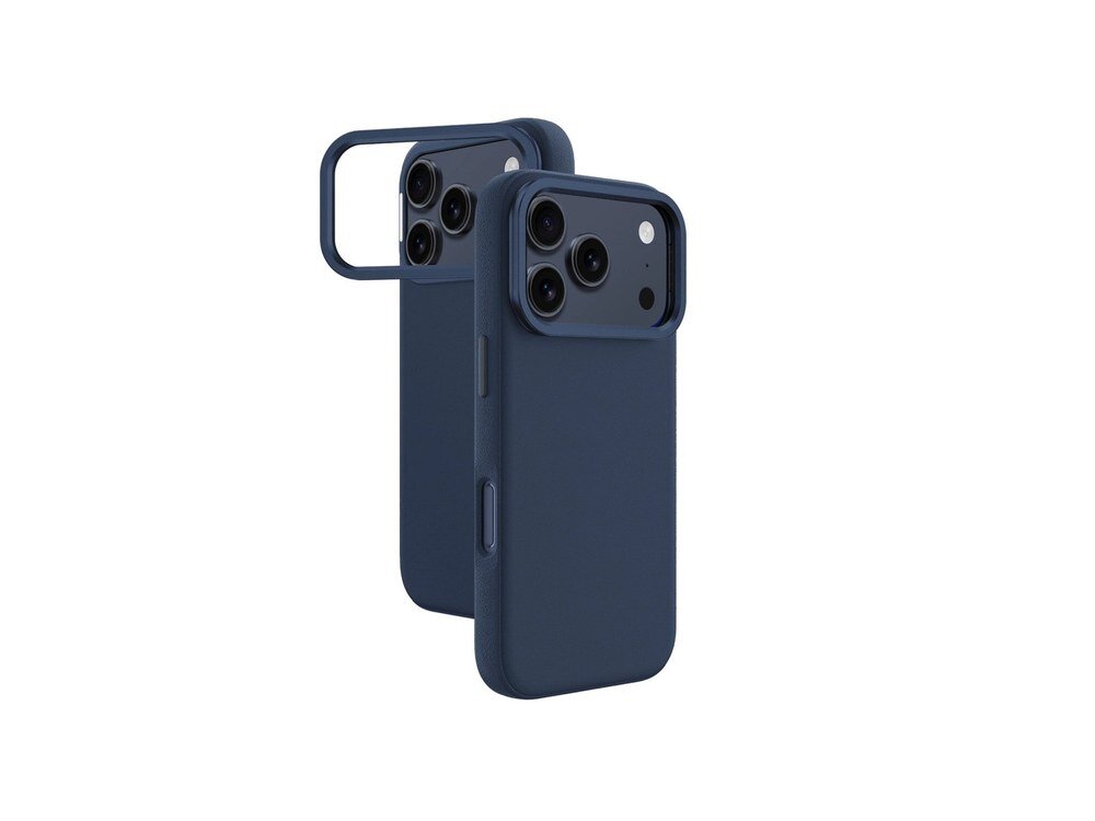 Dwa granatowe etui AmazingThing Glamour na iPhone 17 Pro Max widziane od tyłu pod kątem, z widoczną teksturą skóry PU i wyeksponowaną osłoną aparatu na białym tle.