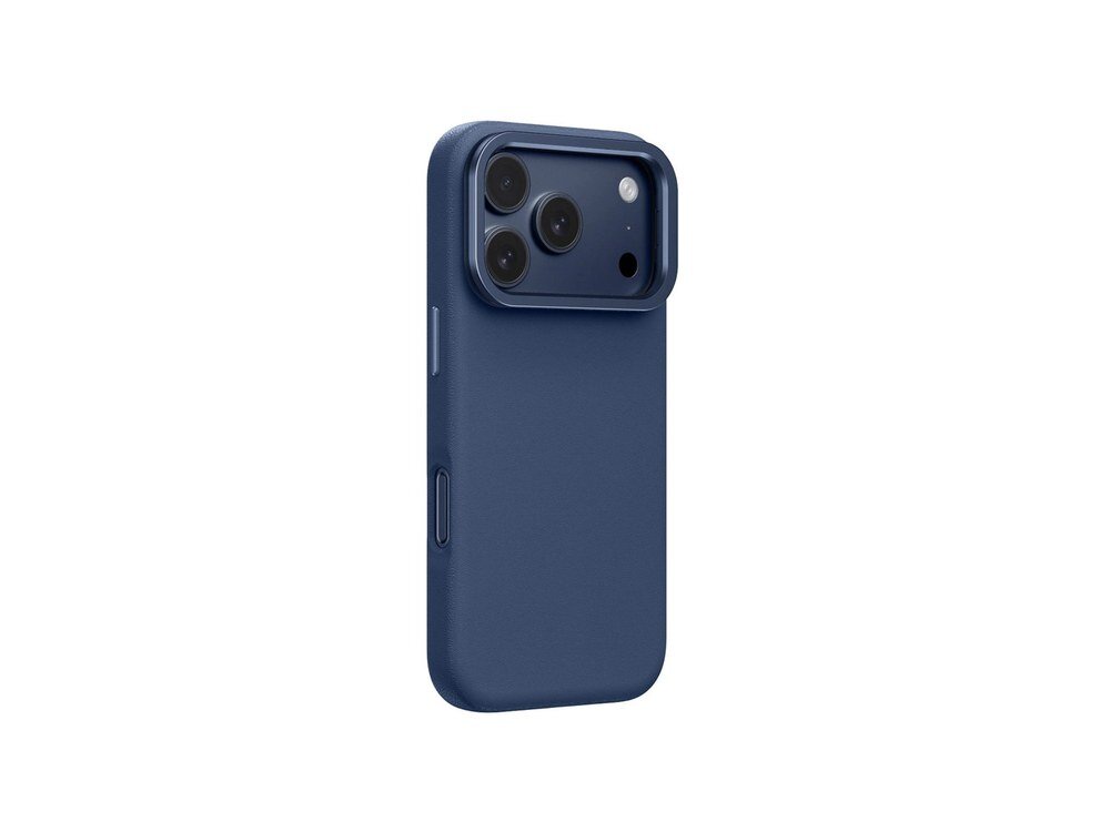 Granatowe etui AmazingThing Glamour na iPhone 17 Pro Max widziane pod kątem od strony tylnej, z widoczną fakturą skóry PU i osłoną aparatu na białym tle.