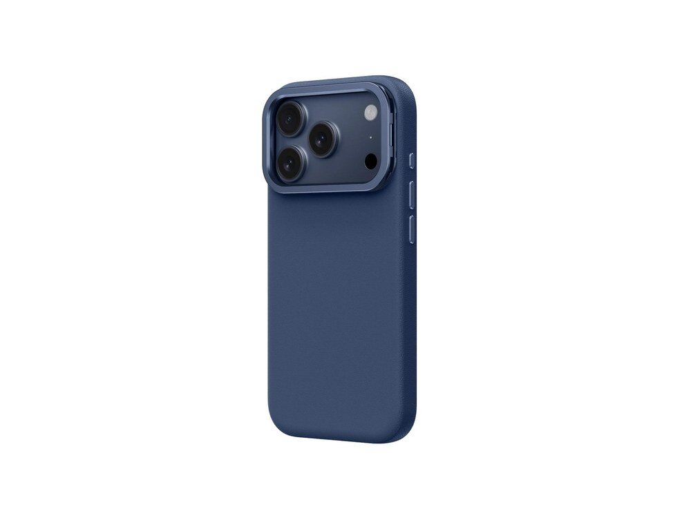Granatowe etui AmazingThing Glamour na iPhone 17 Pro Max widziane pod kątem od tyłu z widocznym oczkiem do smyczy po lewej stronie i fakturą skóry PU na białym tle.
