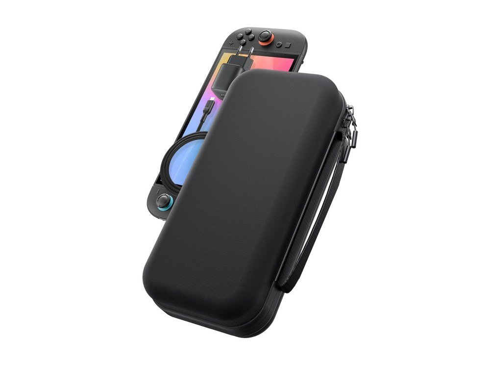 Czarne zamknięte etui AmazingThing PlayShield na białym tle, widok z ukosa, z widocznym suwakiem i paskiem nadgarstkowym.