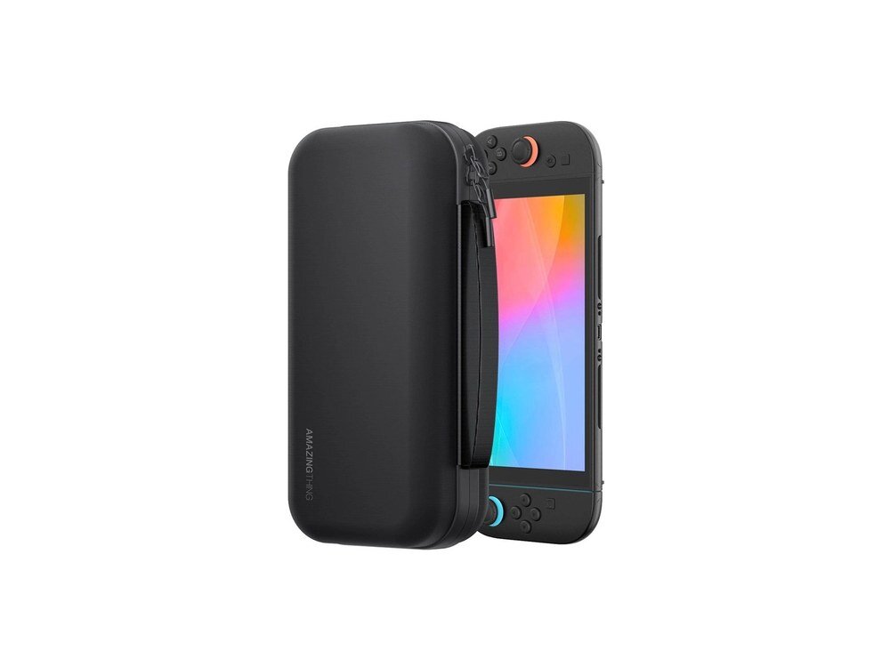 Czarne etui AmazingThing PlayShield z boku obok konsoli Nintendo Switch 2, widoczny suwak i logo marki, białe tło.