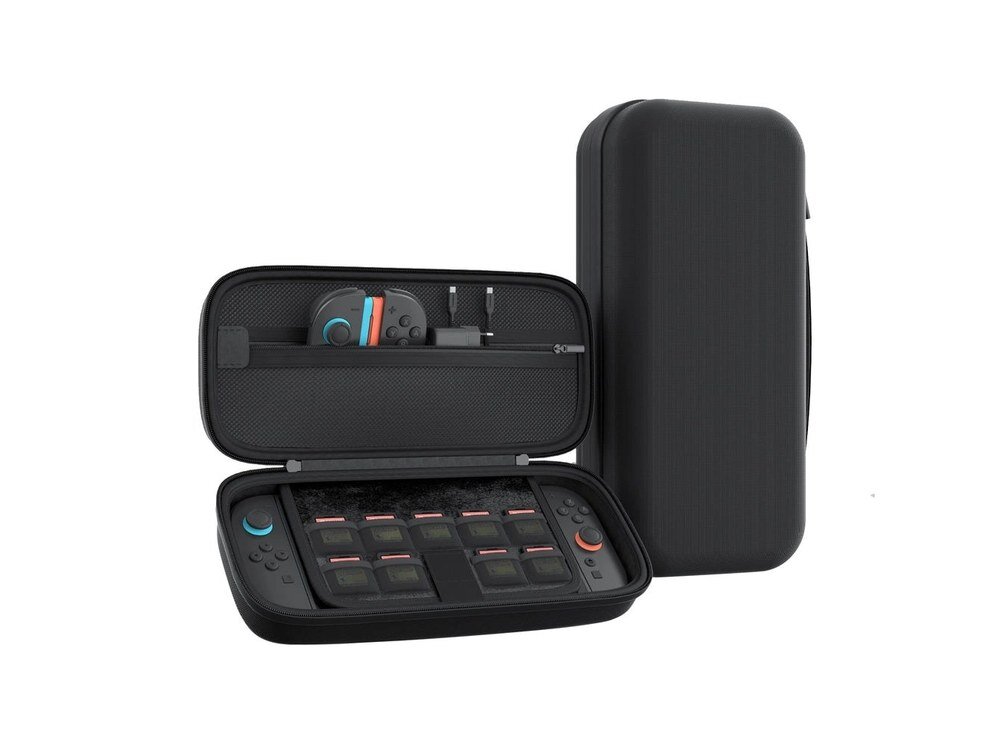Otwarte etui AmazingThing PlayShield z konsolą Nintendo Switch 2 i 9 kartridżami w uchwytach, Joy-Con i kable w kieszeni siatkowej.