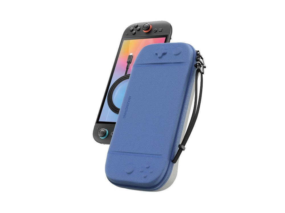 Niebieskie etui AmazingThing PlayShield EDC na Nintendo Switch 2 z widocznym paskiem na rękę, na tle konsoli Nintendo Switch 2 z kablem USB-C.