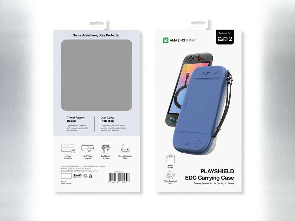 Przednia i tylna strona opakowania etui AmazingThing PlayShield EDC na Nintendo Switch 2 z opisem cech i logo producenta.