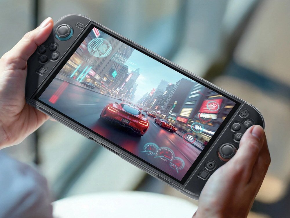 Dłonie trzymające konsolę Nintendo Switch 2 w przezroczystym etui AmazingThing PlayShield, widoczna gra wyścigowa na ekranie.