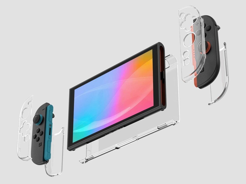 Przezroczyste etui AmazingThing PlayShield w rozłożeniu na trzy części: dwa uchwyty i panel główny, na szarym tle.