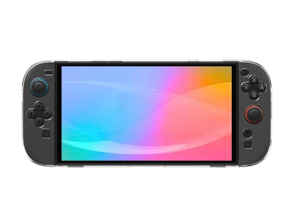 Nintendo Switch 2 w przezroczystym etui AmazingThing PlayShield widziane od przodu, widoczny ekran z gradientem kolorów na białym tle.