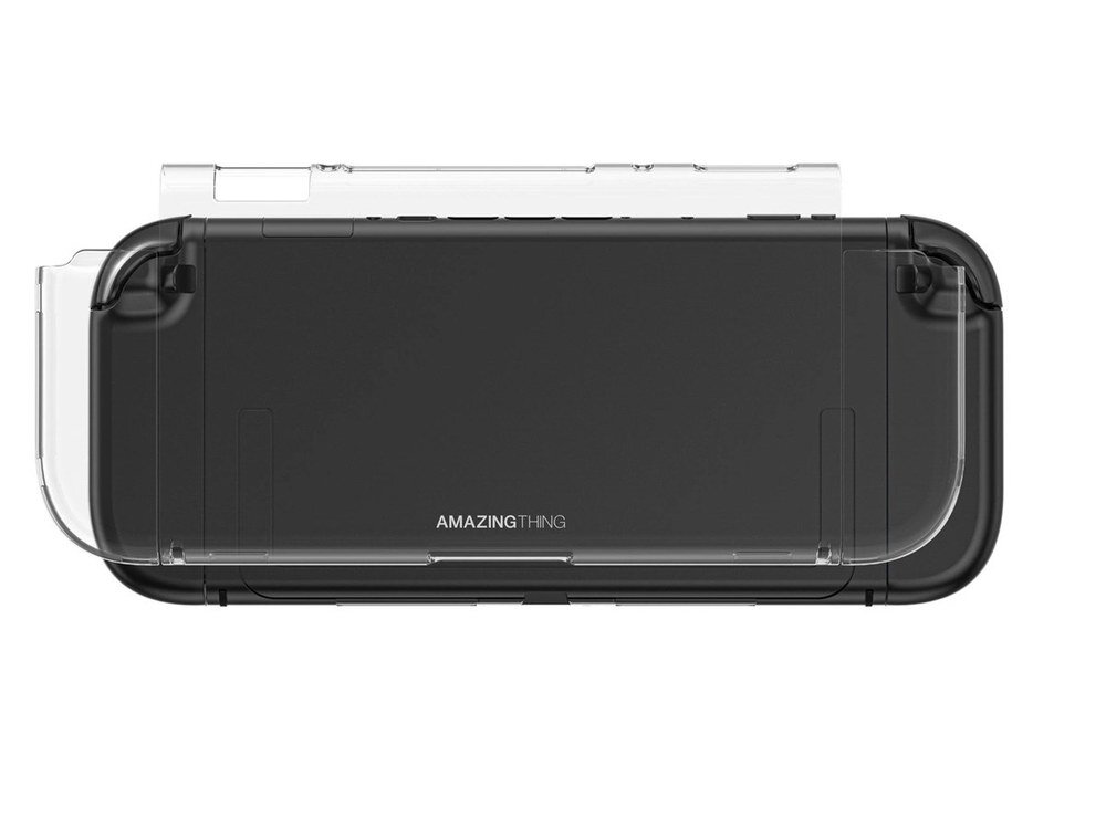 Nintendo Switch 2 w przezroczystym etui AmazingThing PlayShield widziana od tyłu, widoczny logotyp marki i narożniki ochronne na białym tle.