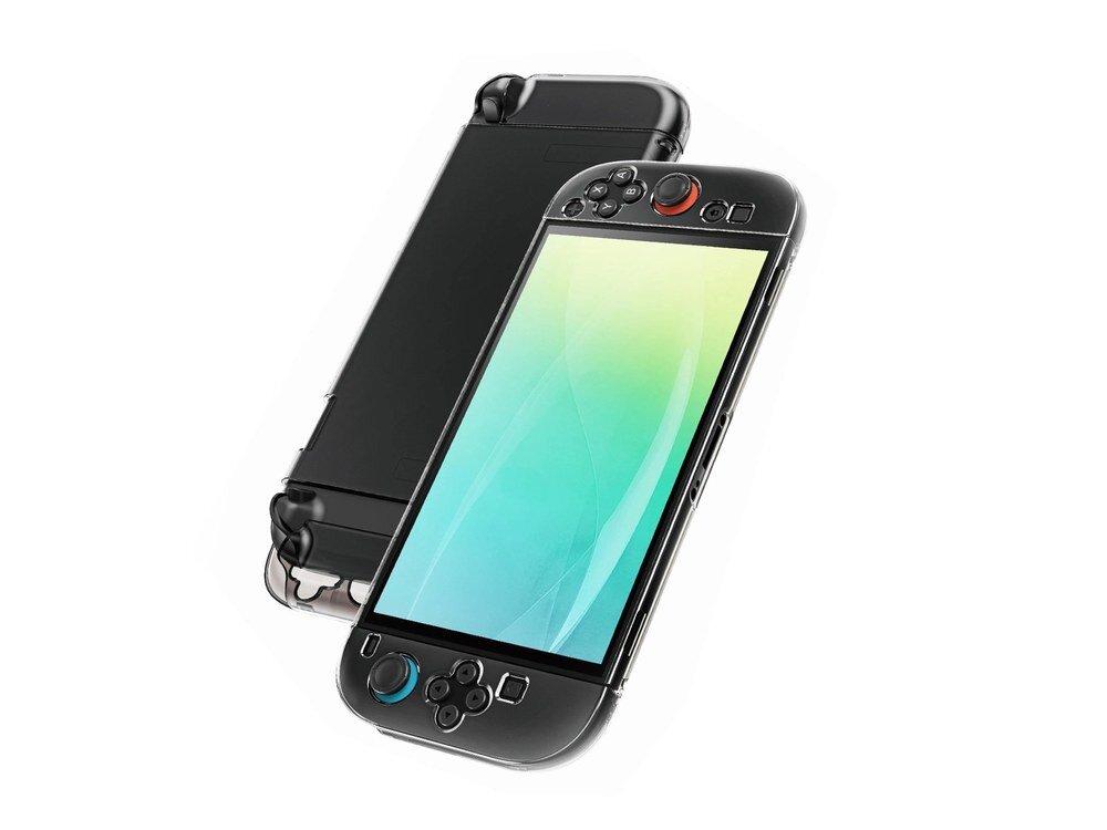 Etui AmazingThing PlayShield na Nintendo Switch 2 widziane od przodu i tyłu, półprzezroczyste wykończenie na białym tle.
