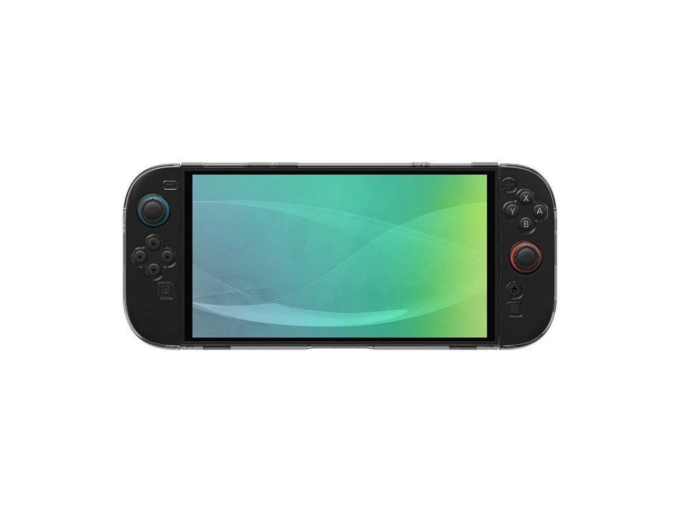 Nintendo Switch 2 w półprzezroczystym etui AmazingThing — widok frontalny z widocznym ekranem i Joy-Conami na białym tle.