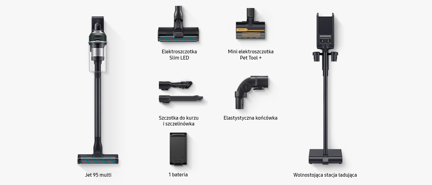 Na obrazie widoczny jest odkurzacz pionowy z różnymi akcesoriami, takimi jak elektroszczotka Slim LED, mini elektroszczotka Pet Tool +, szczotka do kurzu i szczelinówka, elastyczna końcówka oraz wolnostojąca stacja ładująca. Obok znajduje się jedna bateria, a pod głównym odkurzaczem napis \'Jet 95 multi\'.