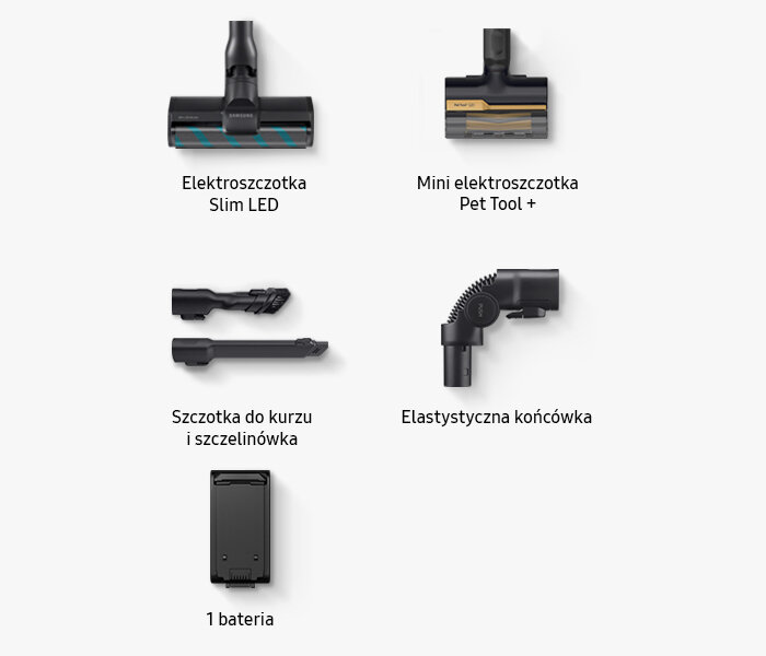 Na obrazie widoczne są akcesoria do odkurzacza: Elektroszczotka Slim LED, Mini elektroszczotka Pet Tool +, Szczotka do kurzu i szczelinówka, Elastyczna końcówka oraz 1 bateria.